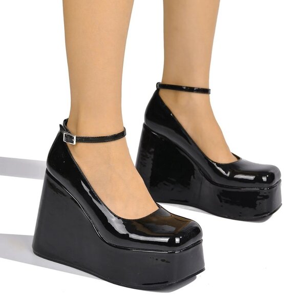 NEW🔥 Retro Faux Patent Leather Platform Wedge Heel Shoes Ankle Strap Closed Toe - Picture 2 of 6